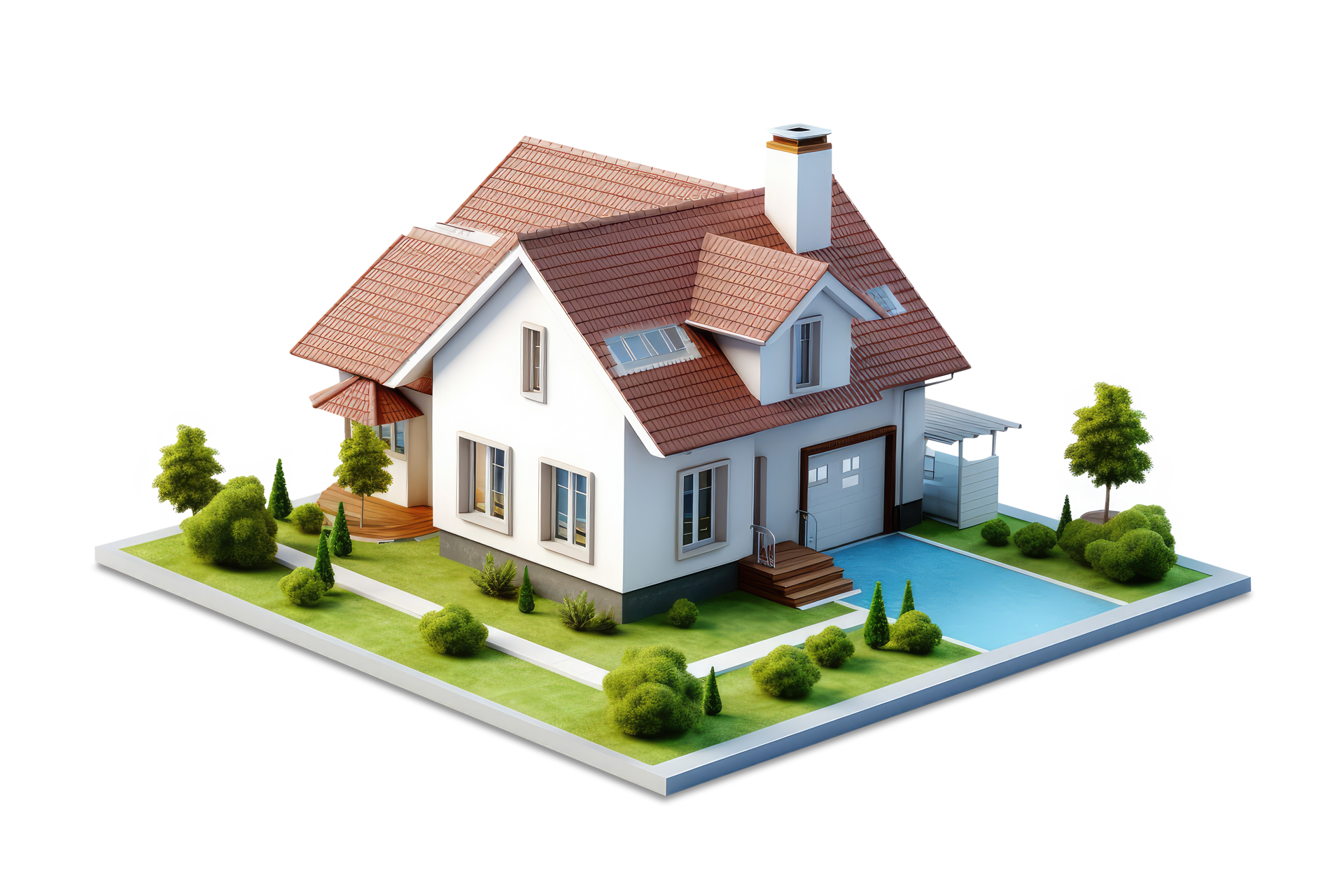 Vue isométrique d'une maison blanche avec un toit rouge.