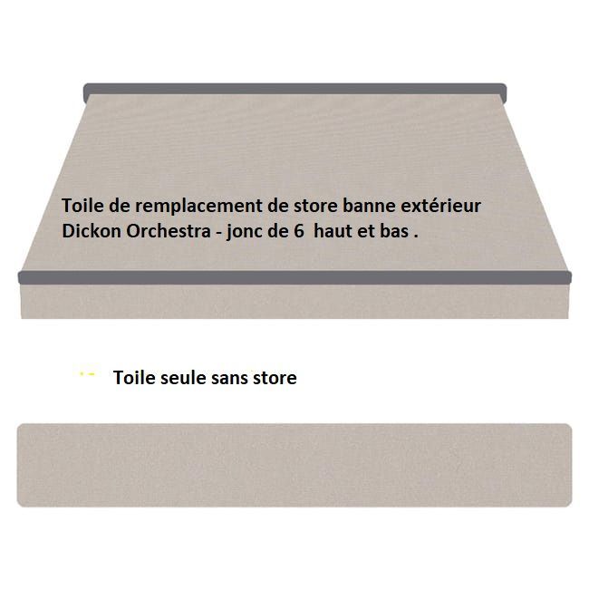 Toile de rechange pour store, beige avec bordure foncée, comportant un texte descriptif.