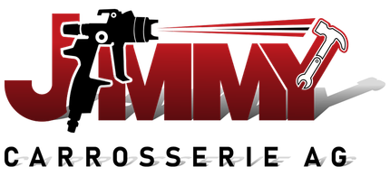 Logo der Jimmy Carrosserie AG, einer Autokarosseriewerkstatt, mit dem Firmennamen, einer Farbspritzpistole und Werkzeugen.