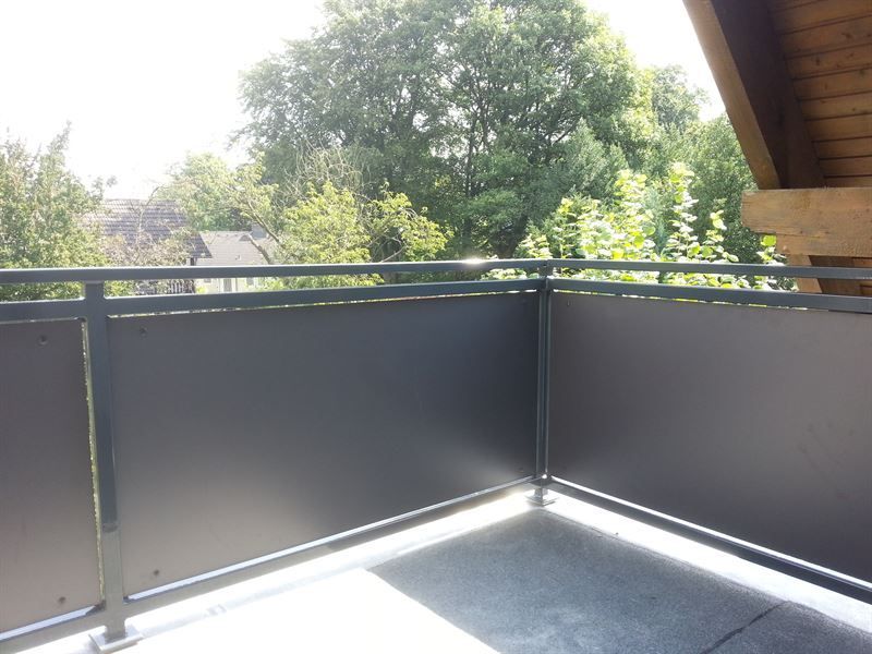 Ein Balkon mit schwarzem Geländer und Bäumen im Hintergrund
