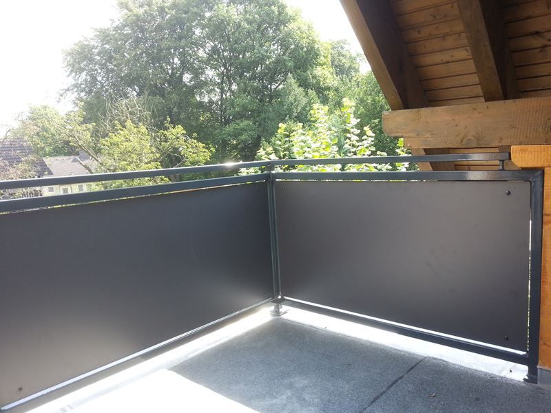 Ein Balkon mit schwarzem Geländer und Bäumen im Hintergrund