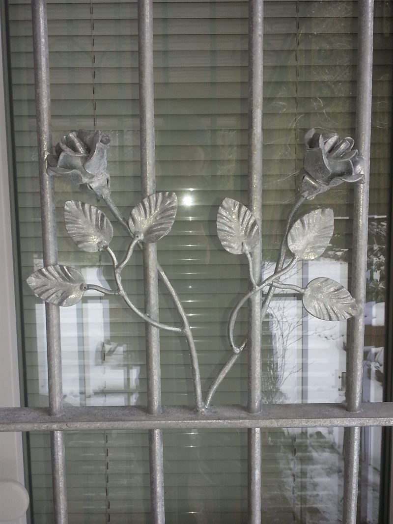 Eine Nahaufnahme eines schmiedeeisernen Tores mit Blumen und Blättern darauf.