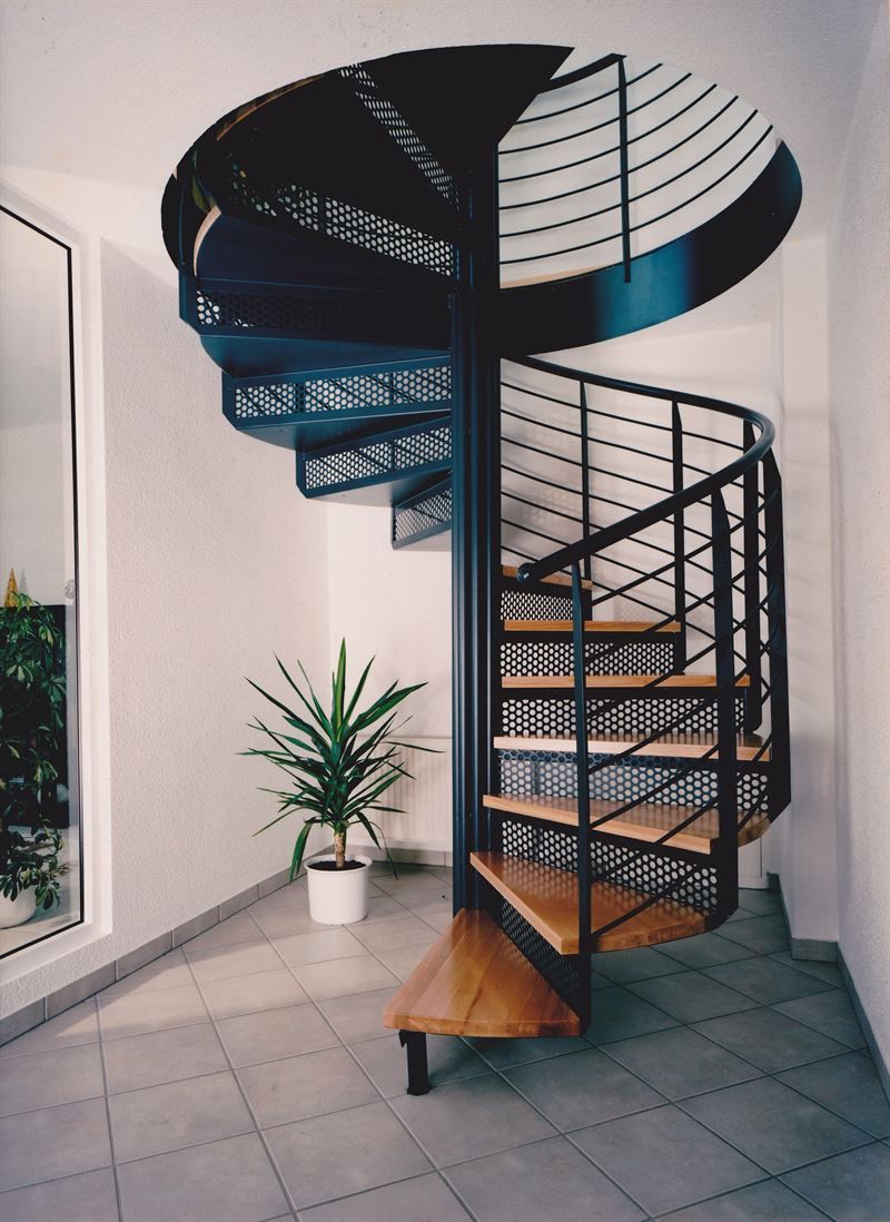 Eine Wendeltreppe mit einer Pflanze in der Ecke