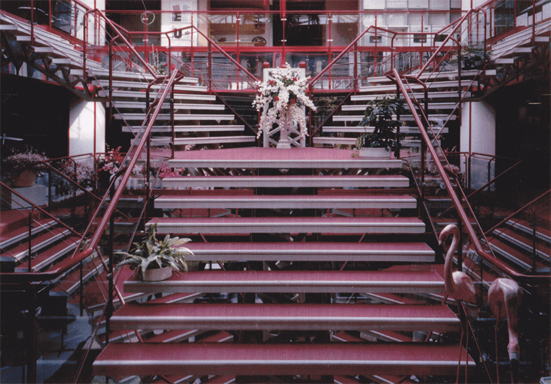 Eine Reihe roter Treppen mit einer Pflanze in der Mitte