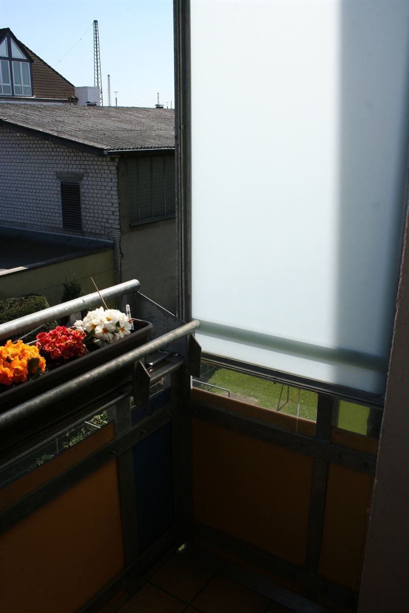 Ein Balkon mit einem Blumentopf voller Blumen darauf