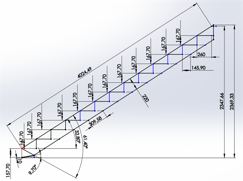 Eine Zeichnung einer Treppe mit Maßangaben