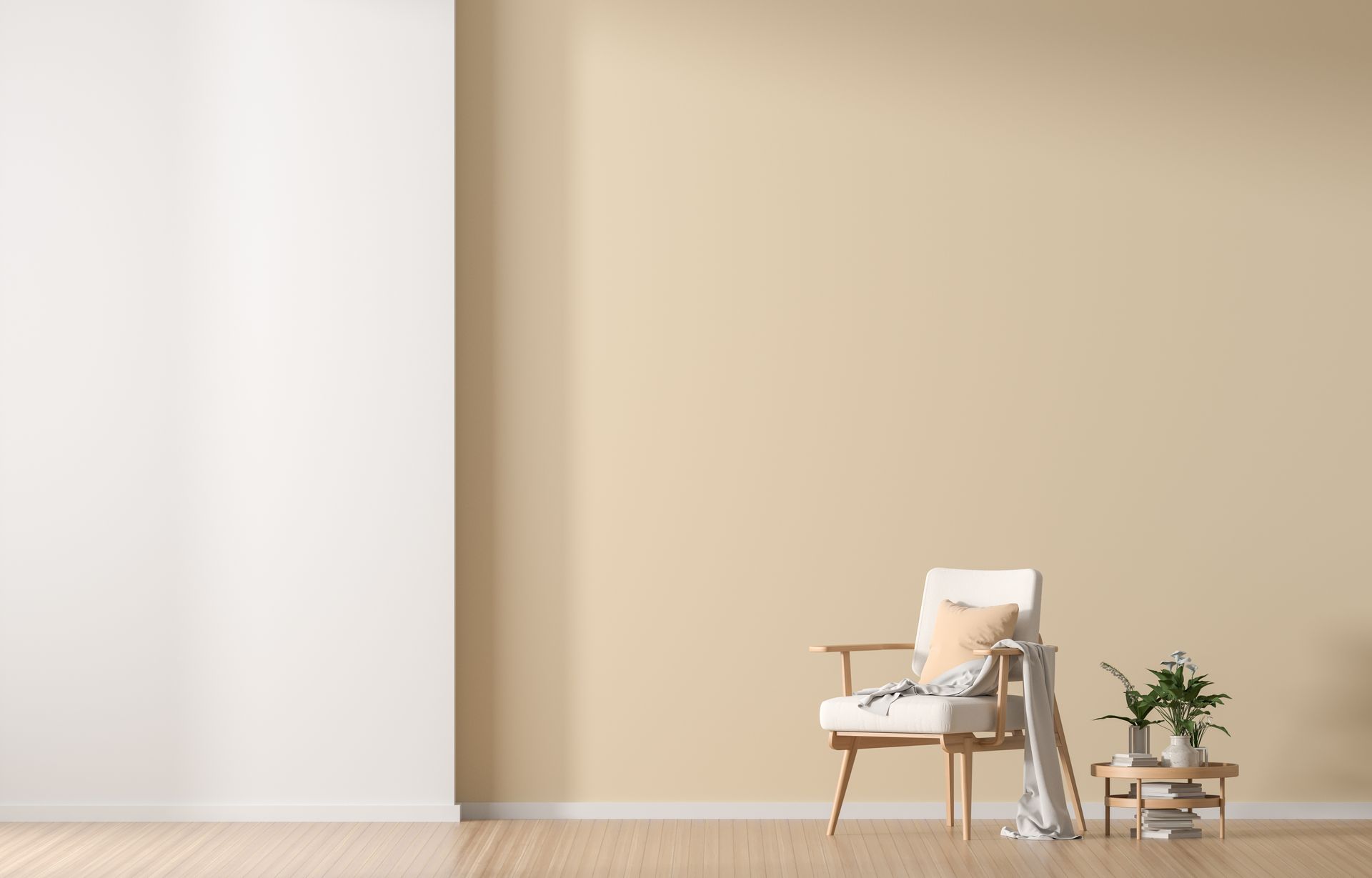 Mur peint en beige avec une toile à peindre et fauteuil posé