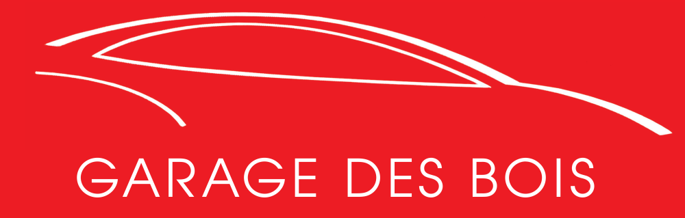Logo rouge avec le contour blanc d’une voiture et le texte « GARAGE DES BOIS »