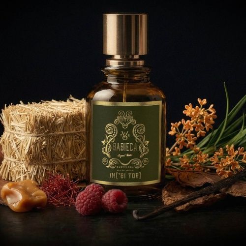 Frasco de perfume de color ámbar con tapón y etiqueta dorados.