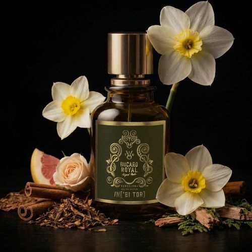 Frasco de perfume de color ámbar con tapón dorado y etiqueta verde.