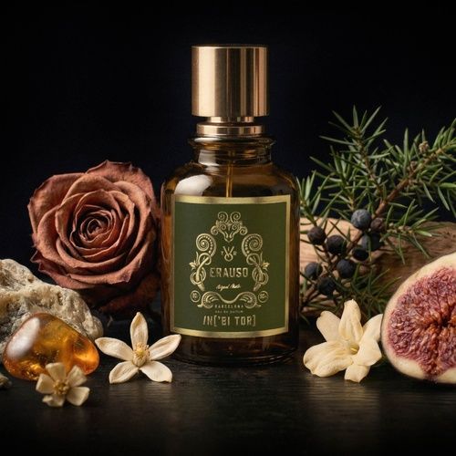 Frasco de perfume con tapón dorado y etiqueta verde, sobre fondo blanco.