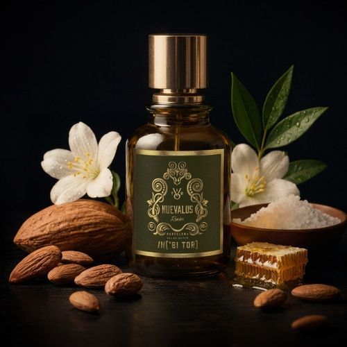 Frasco de perfume de color ámbar con tapón dorado y etiqueta verde sobre fondo blanco.