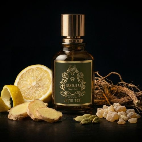 Frasco de perfume con tapón dorado y cristal tintado en verde. Etiqueta negra con texto dorado que dice 