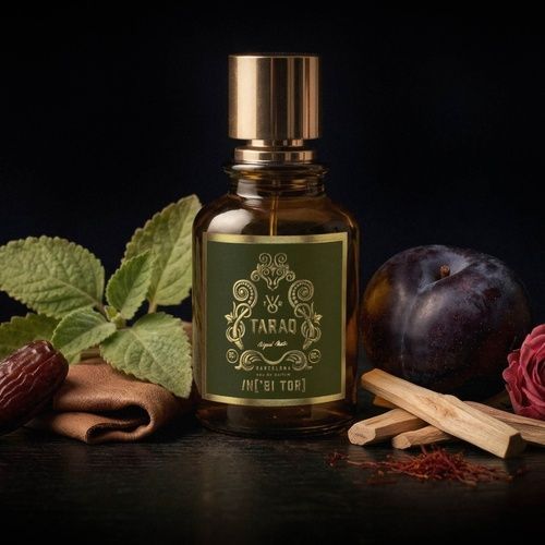 Botella de perfume Toraq Oud Intense, cristal verde oliva, tapón dorado, etiqueta con letras doradas.