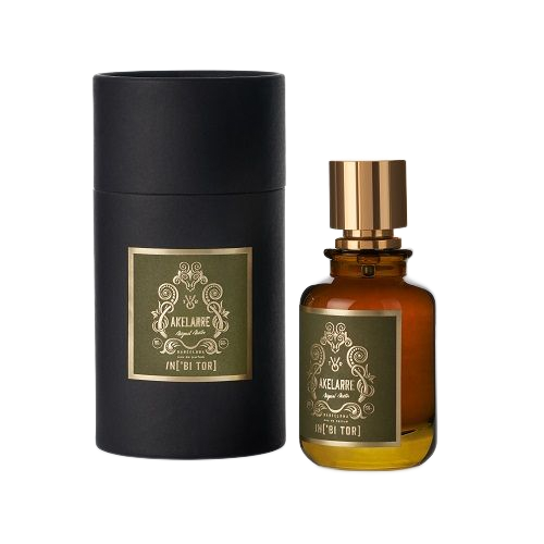 Frasco de perfume y caja cilíndrica negra con etiqueta dorada y verde.