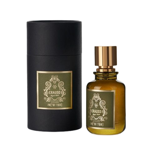 Frasco de perfume negro y estuche cilíndrico con etiqueta verde oliva, detalles dorados.