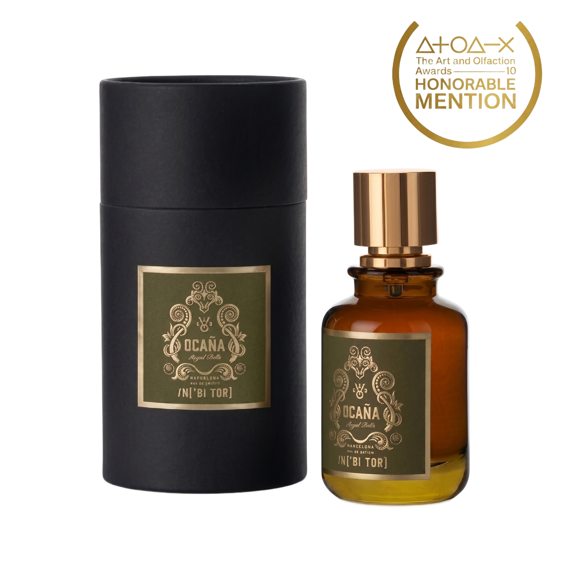 Un frasco de perfume y una caja cilíndrica. El frasco es marrón con un tapón dorado. La caja es negra.