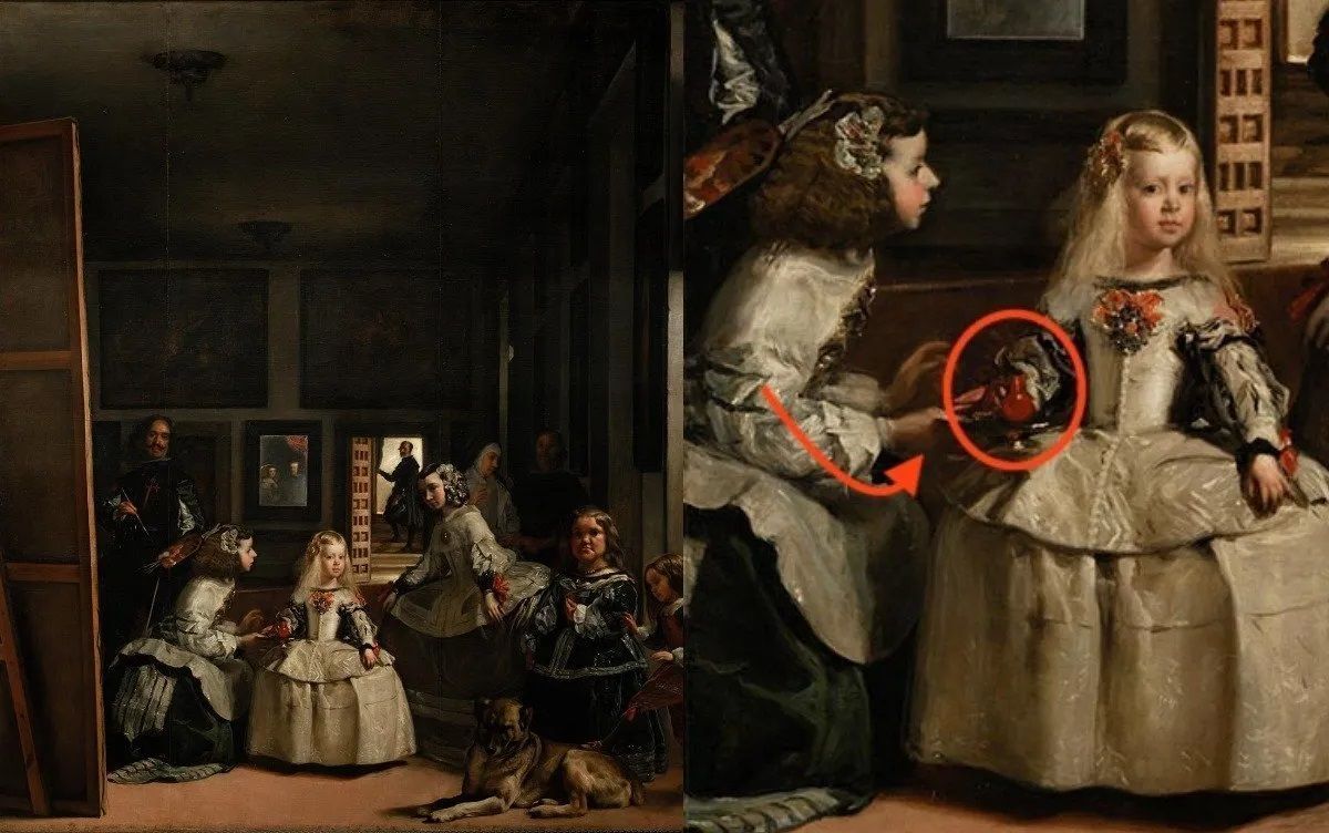 Una pintura que representa una habitación con figuras, incluida una niña con un vestido blanco y la mano de una persona encerrada en un círculo a la derecha.