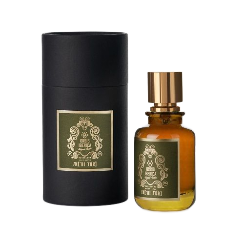 Un frasco de perfume y su caja cilíndrica negra, ambos con etiquetas ornamentadas. El frasco es de color ámbar con tapón dorado.
