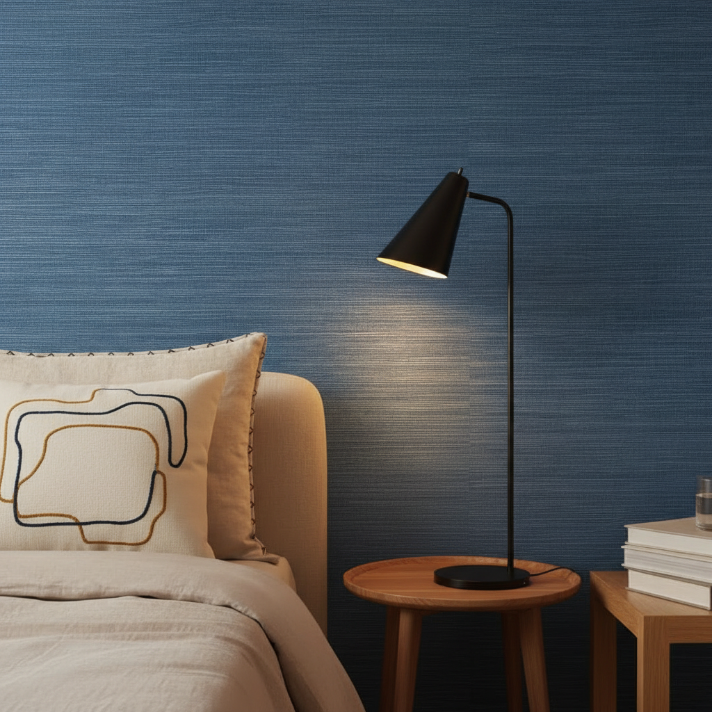 Une main gantée lisse un papier peint beige sur un mur intérieur pendant la pose