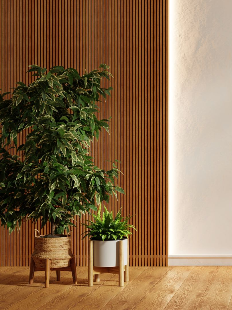 Deux plantes en pot sur des tabourets, près d’un mur à lattes de bois, dans un intérieur chaleureux