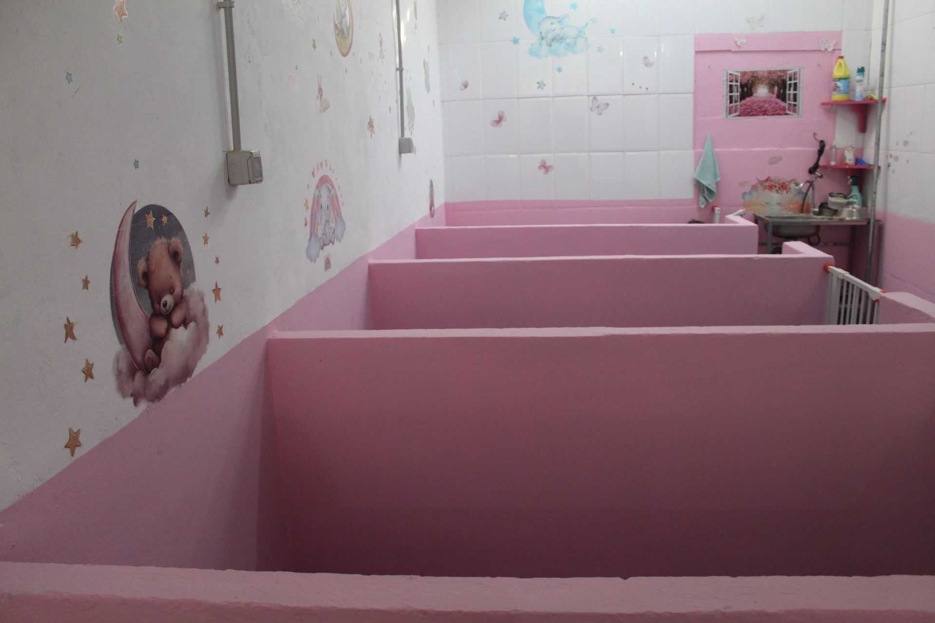 Cunas rosas en una habitación infantil con decoración de pared en tonos pastel.