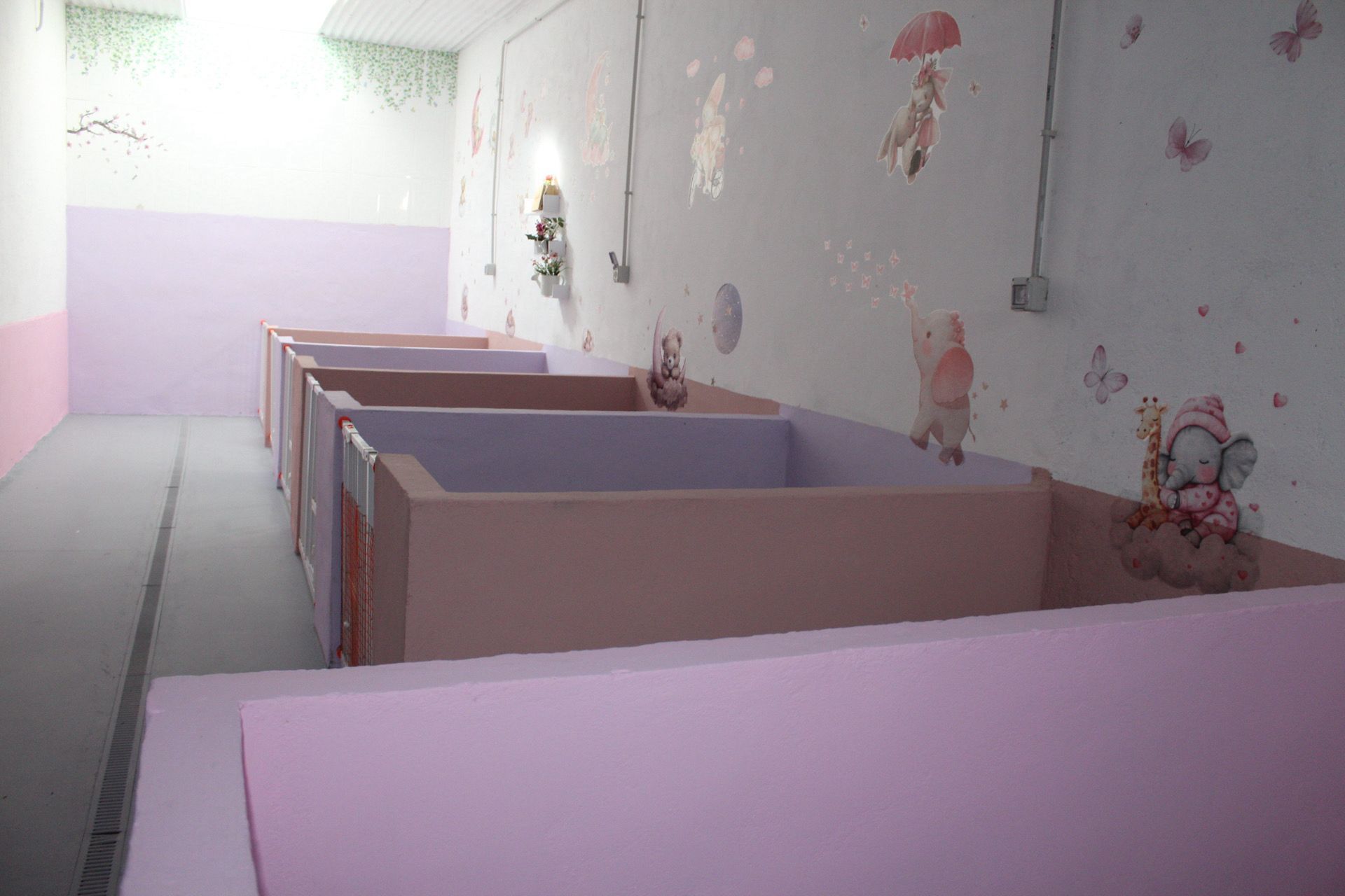 Una hilera de cunas en una habitación con paredes rosas y blancas, decorada con personajes de dibujos animados.