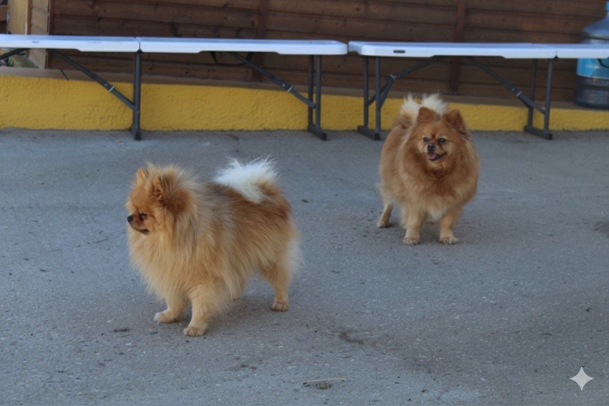 Dos perros pomerania esponjosos de color canela están de pie en la acera; mesas al fondo.