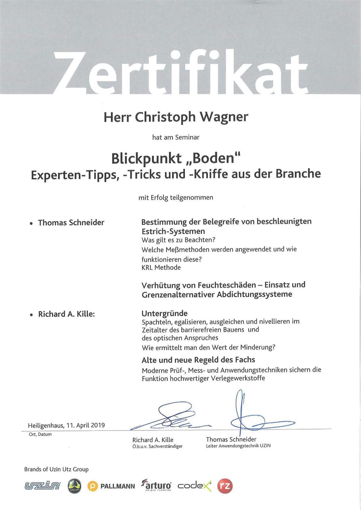 Auf weißem Hintergrund befindet sich eine Urkunde von Herrn Christoph Wagner.
