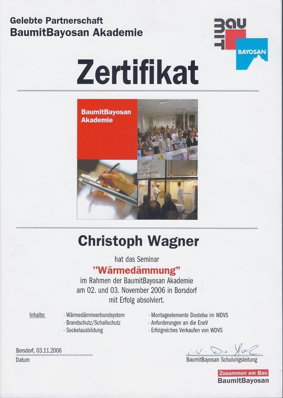Ein Zertifikat, auf dem Christoph Wagner steht
