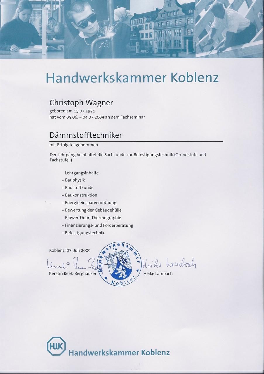A certificate that says handwerkskammer koblenz on it