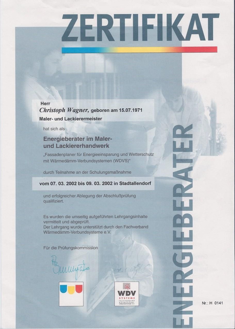 Ein Zertifikat mit der Aufschrift „Zertifikat Energieberater“