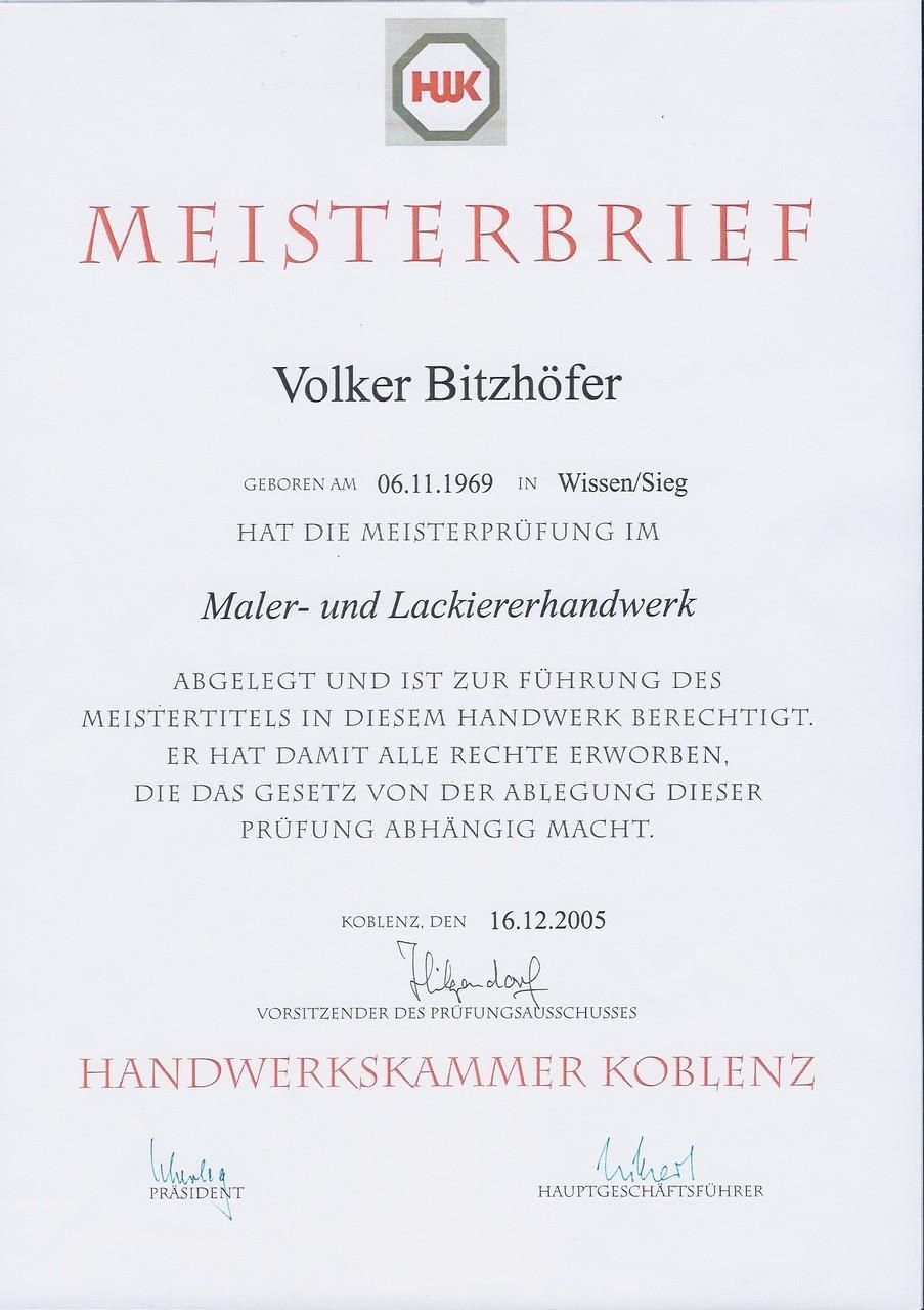 Ein Zertifikat mit der Aufschrift Meisterbrief