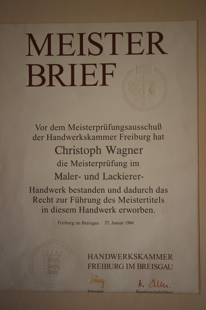 Ein Zertifikat mit der Aufschrift „Meister Brief“