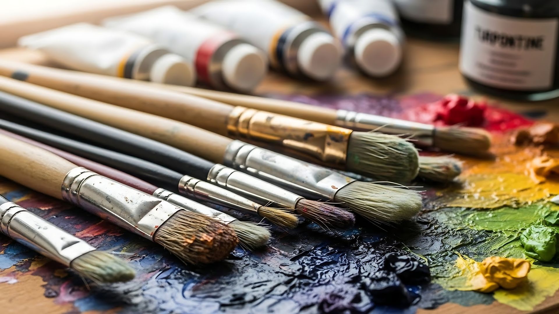 Des pinceaux reposent sur une palette d'artiste colorée, avec des tubes de peinture en arrière-plan.