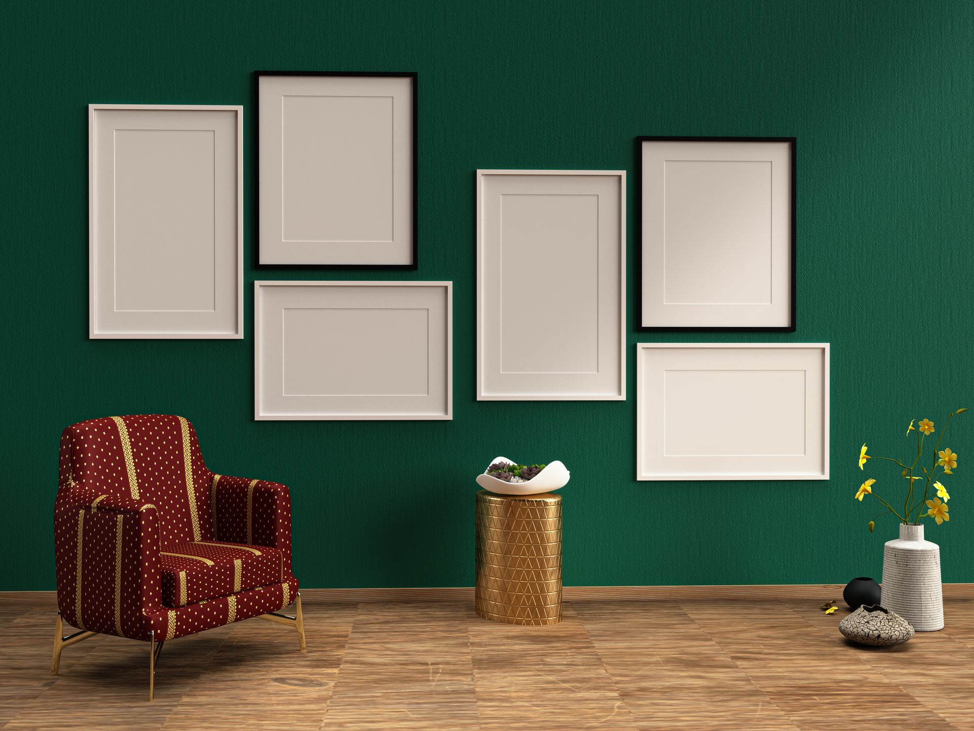 Mur de galerie avec six cadres vides sur un mur vert, avec un fauteuil à motifs et une table d'appoint dorée.