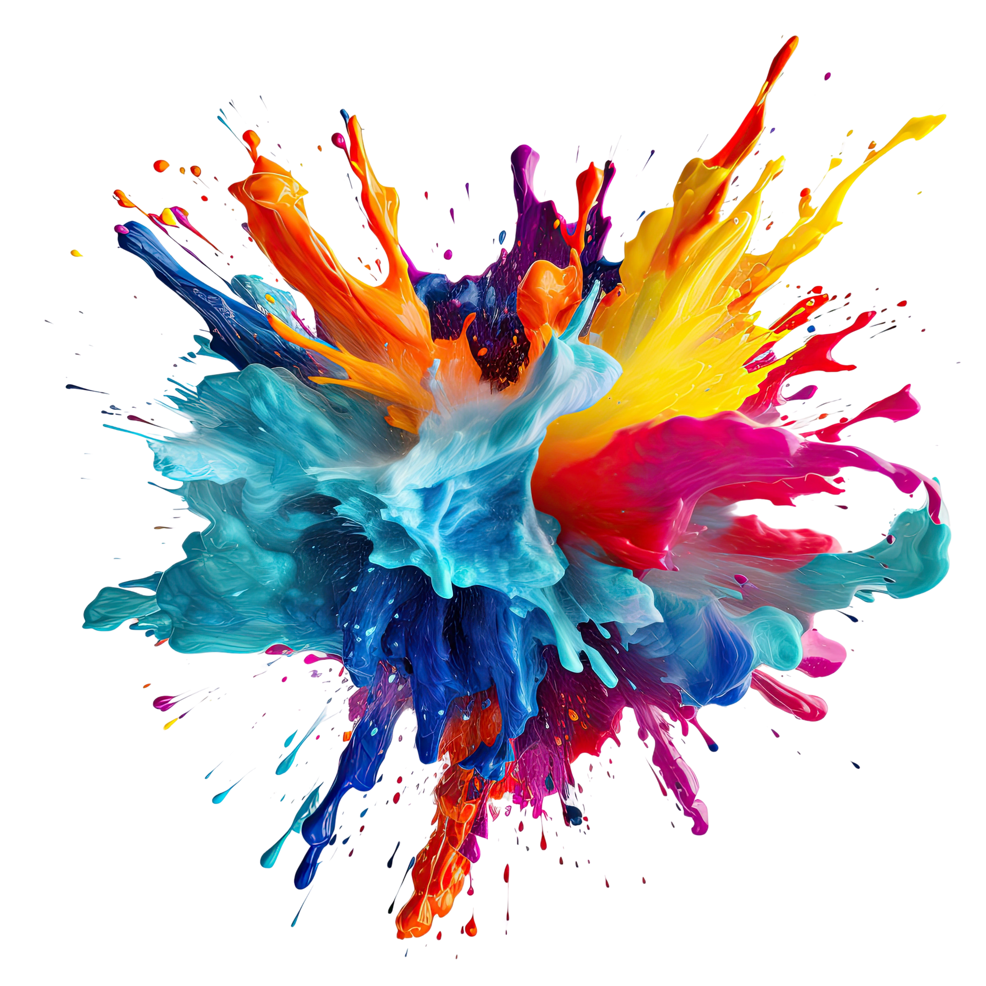 Explosion de peinture colorée. Des éclaboussures de peinture orange, jaune, bleue et rose se répandent sur un fond blanc.
