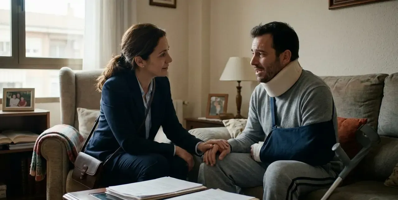 Abogado visitando a un cliente accidentado en su casa de Utebo