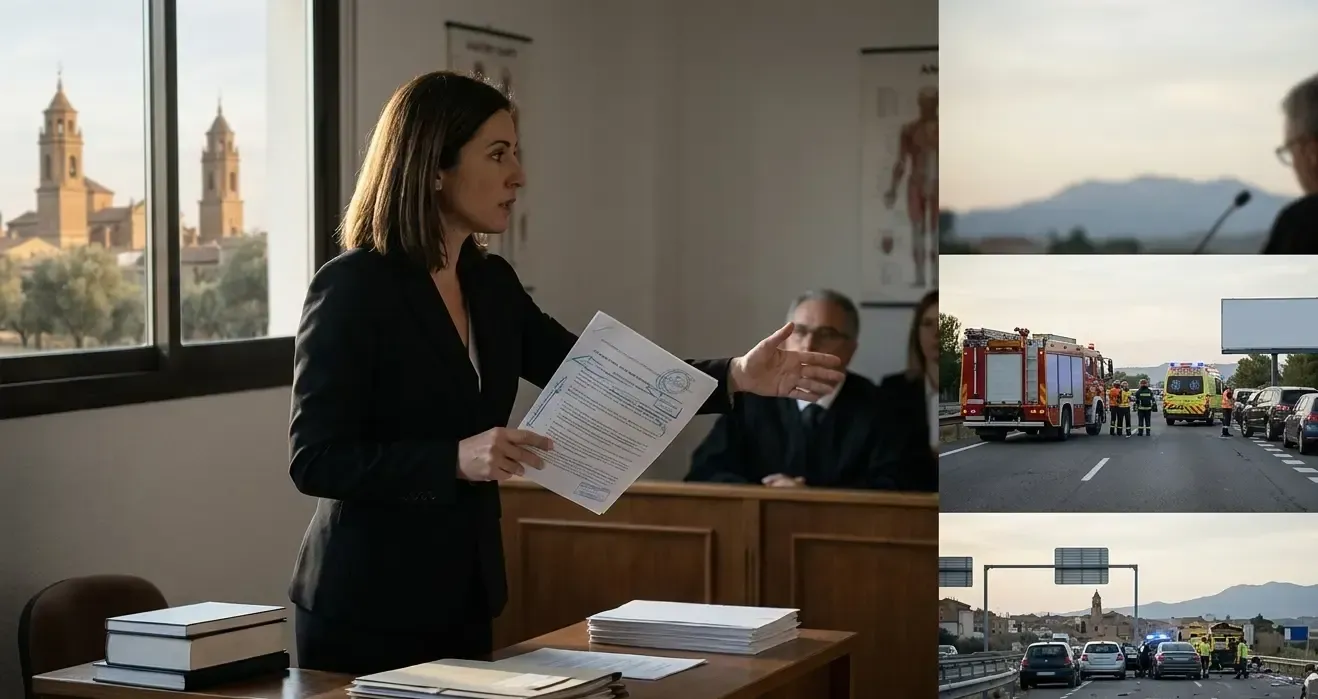 Vista de la abogada independiente defendiendo informes médicos periciales en un juicio por atropello a peatón