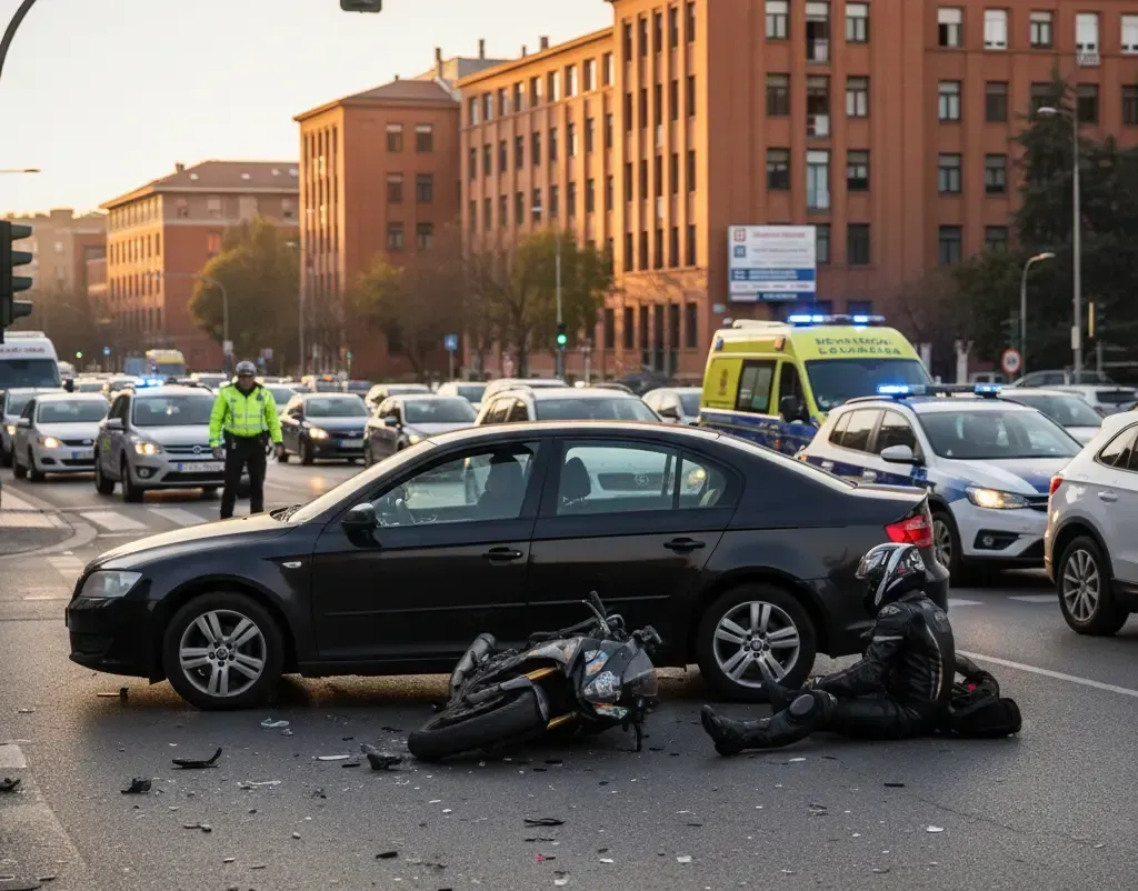 Colisión lateral de coche y moto en un cruce de Vía Universitas, Zaragoza.