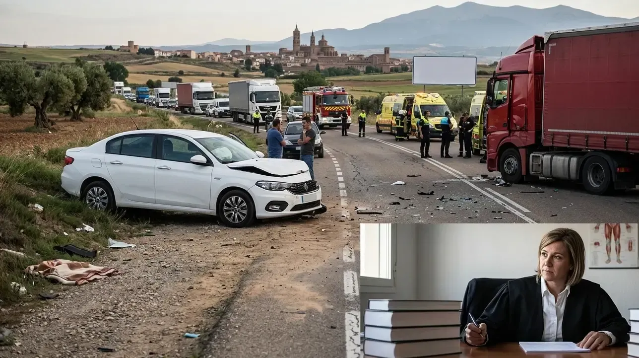 Vista de un accidente de tráfico entre un turismo y un camión articulado en la carretera N-122 cerca de Tarazona con el Moncayo al fondo