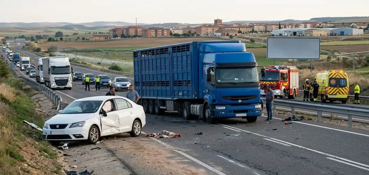 Vista de un accidente de tráfico entre un turismo y un camión articulado de ganado en la carretera A-127 cerca de Ejea