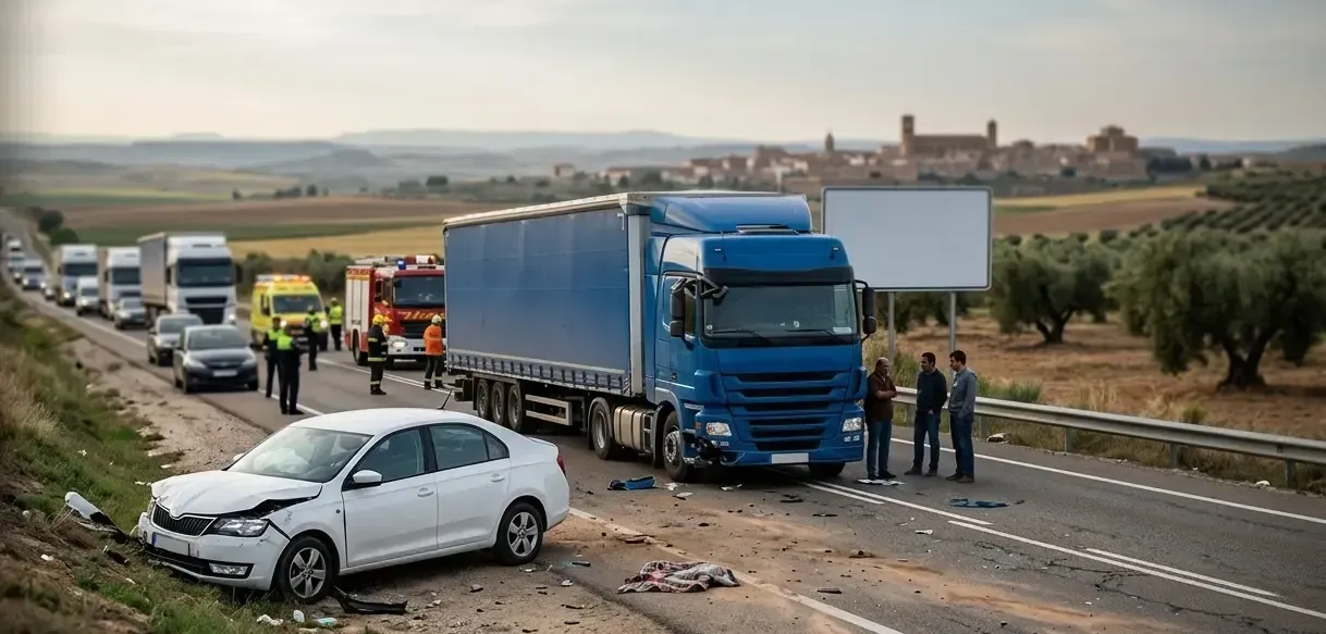Vista de un accidente de tráfico entre un turismo y un camión articulado en la carretera N-211 cerca de Caspe