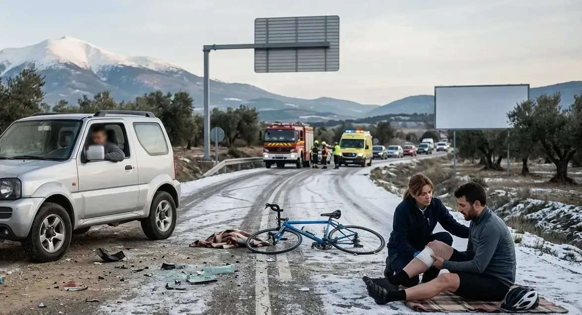 Vista de un accidente de tráfico entre un turismo y un ciclista en una carretera secundaria nevada cerca de Tarazona en el Moncayo