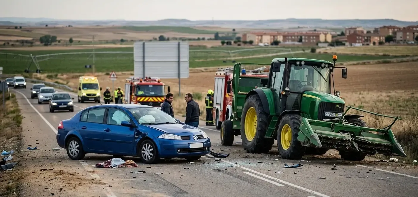 Vista de un accidente de tráfico entre un turismo y un tractor agrícola en la carretera A-127 cerca de Ejea