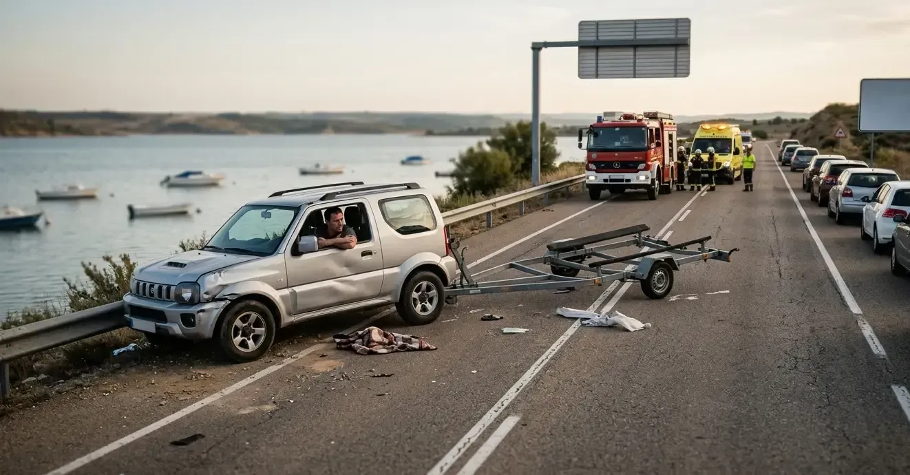 Vista de un accidente de tráfico entre un turismo y un vehículo con remolque para embarcación cerca del Mar de Aragón en Caspe