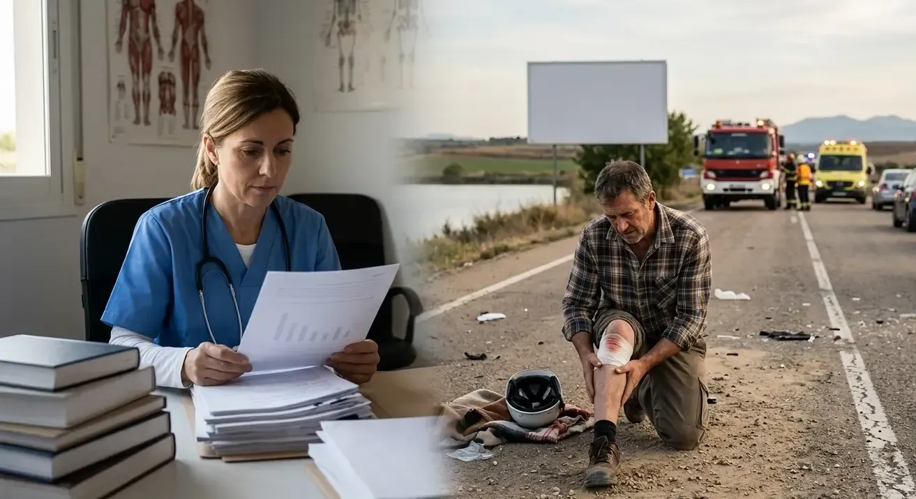 Vista detallada de una traumatóloga independiente analizando informes médicos de fracturas óseas tras un atropello a peatón