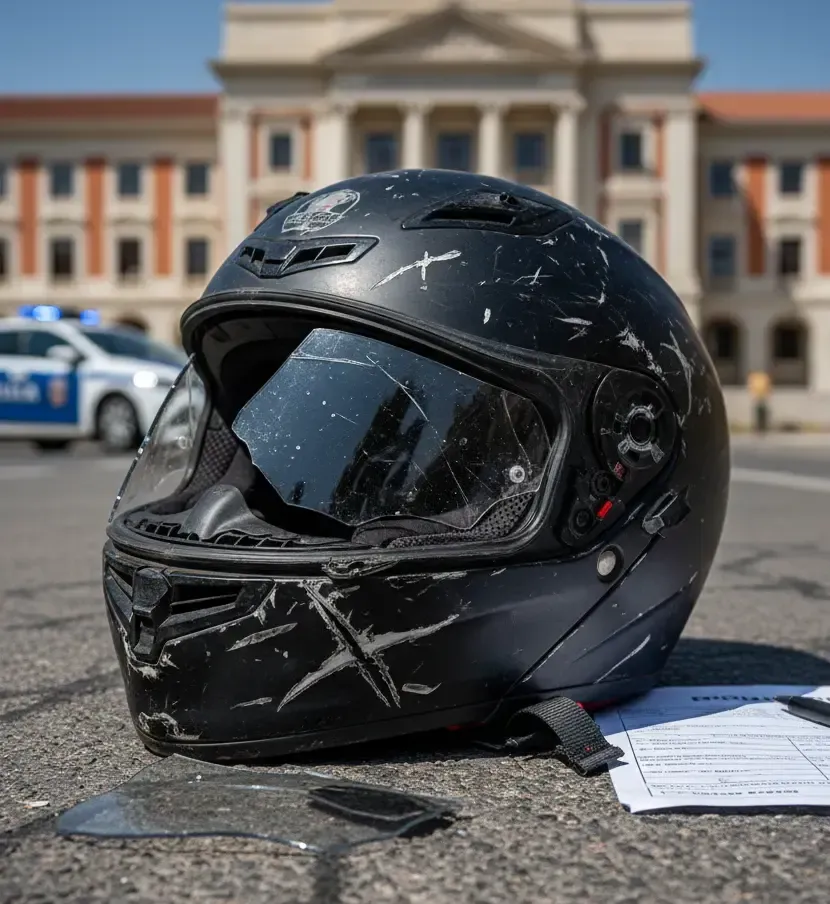 Casco de moto con raspaduras tras un accidente para reclamación de daños materiales en Zaragoza.