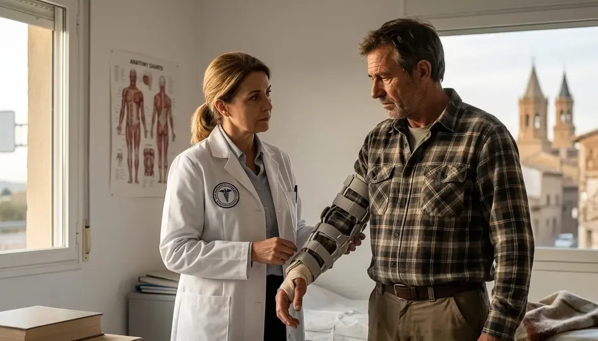 Vista detallada de una traumatóloga independiente analizando radiografías de fracturas óseas comunes en accidentes de tráfico.