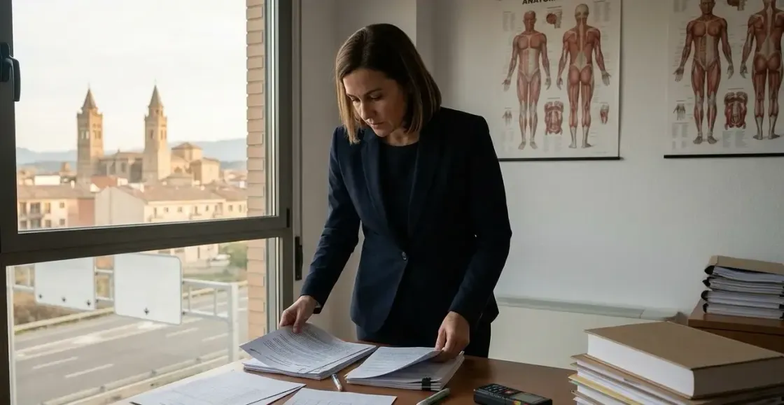 Abogada independiente analizando informes médicos periciales y radiografías tras un accidente de tráfico en Zaragoza.
